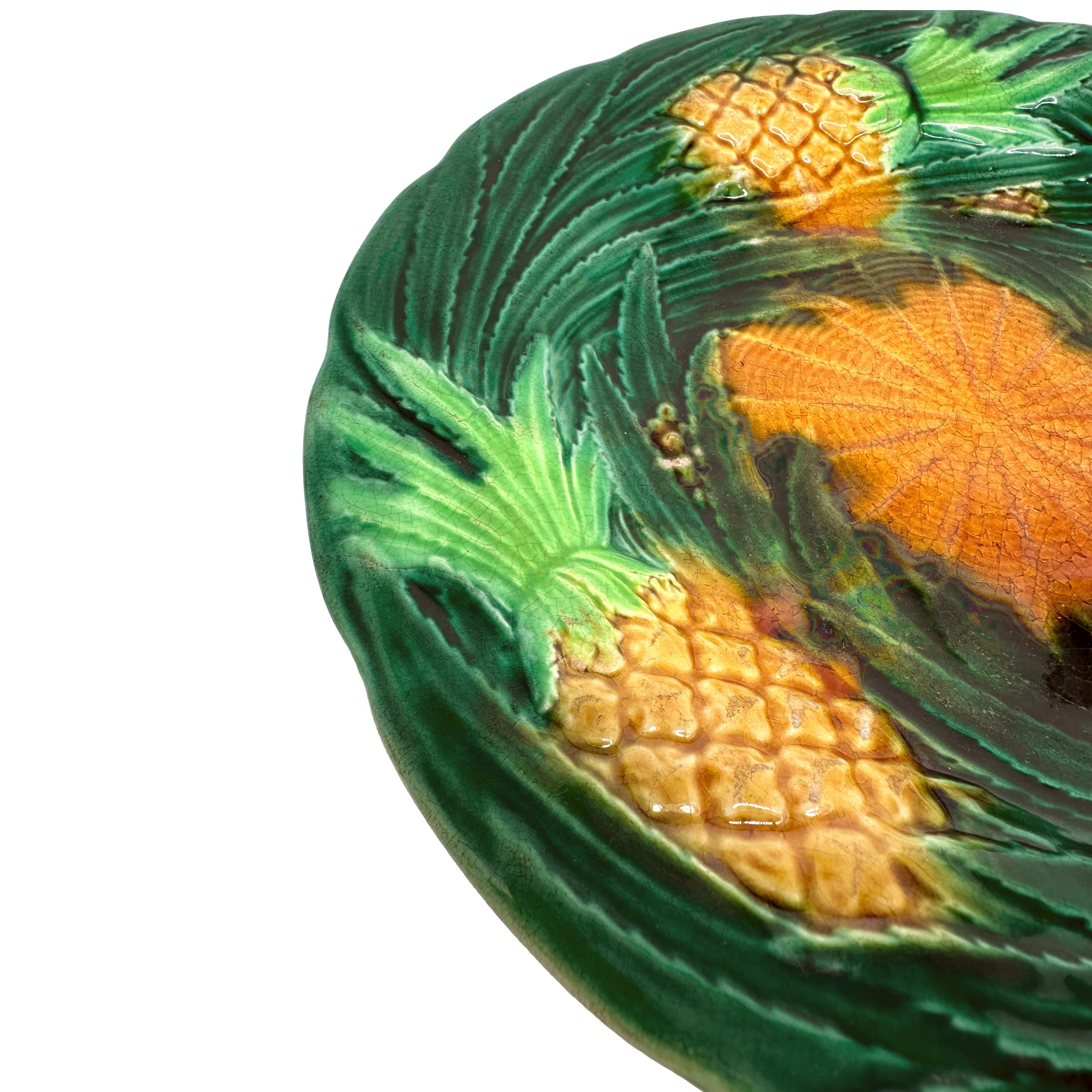 Molded A George Jones Majolica Pineapples on Basketweave Plate, English, ca. 1863 For Sale
