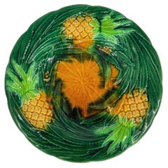 Antique A George Jones Majolica Pineapples on Basketweave Plate, English, ca. 1863