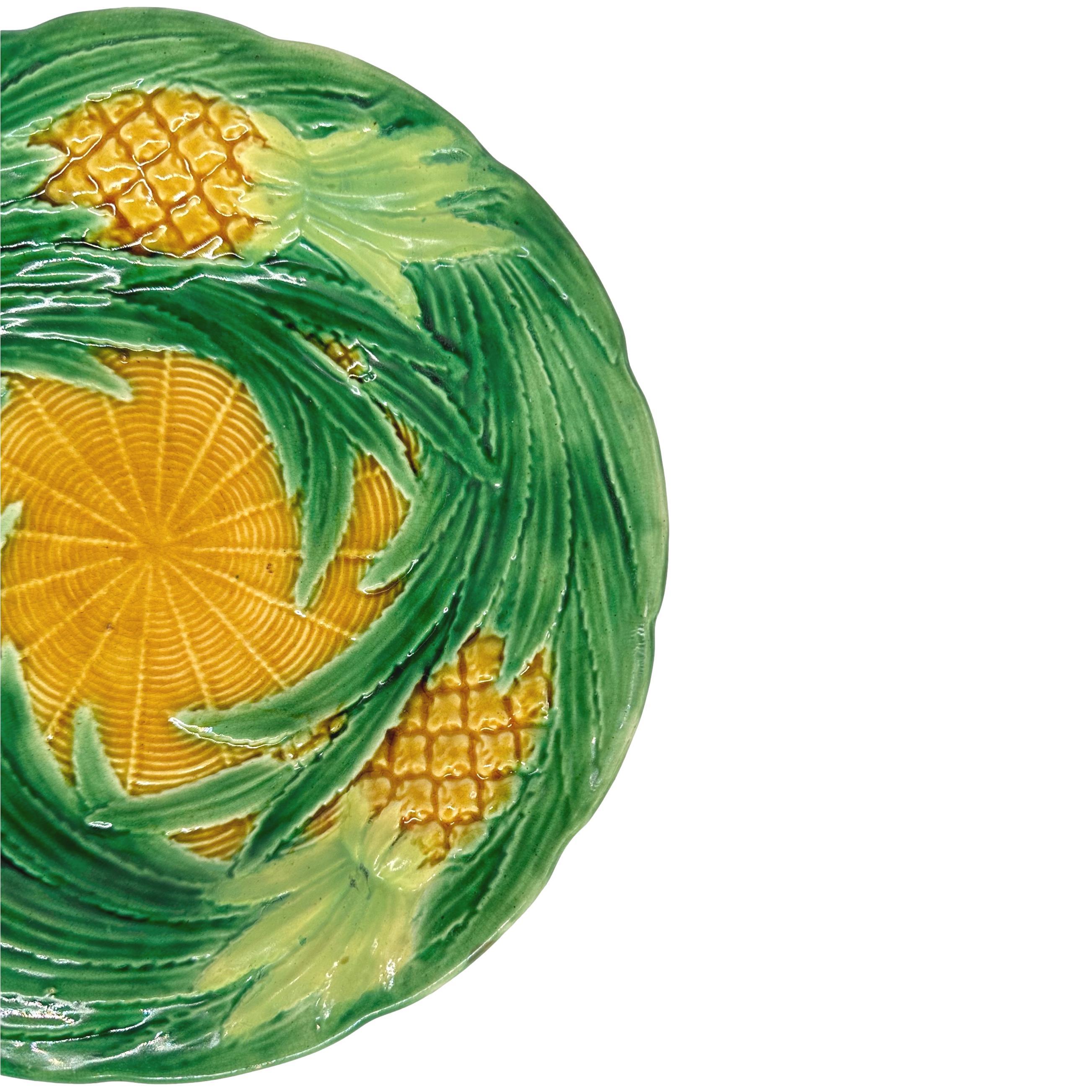 Victorian A George Jones Majolica Pineapples on Basketweave Plate, English, ca. 1870 For Sale