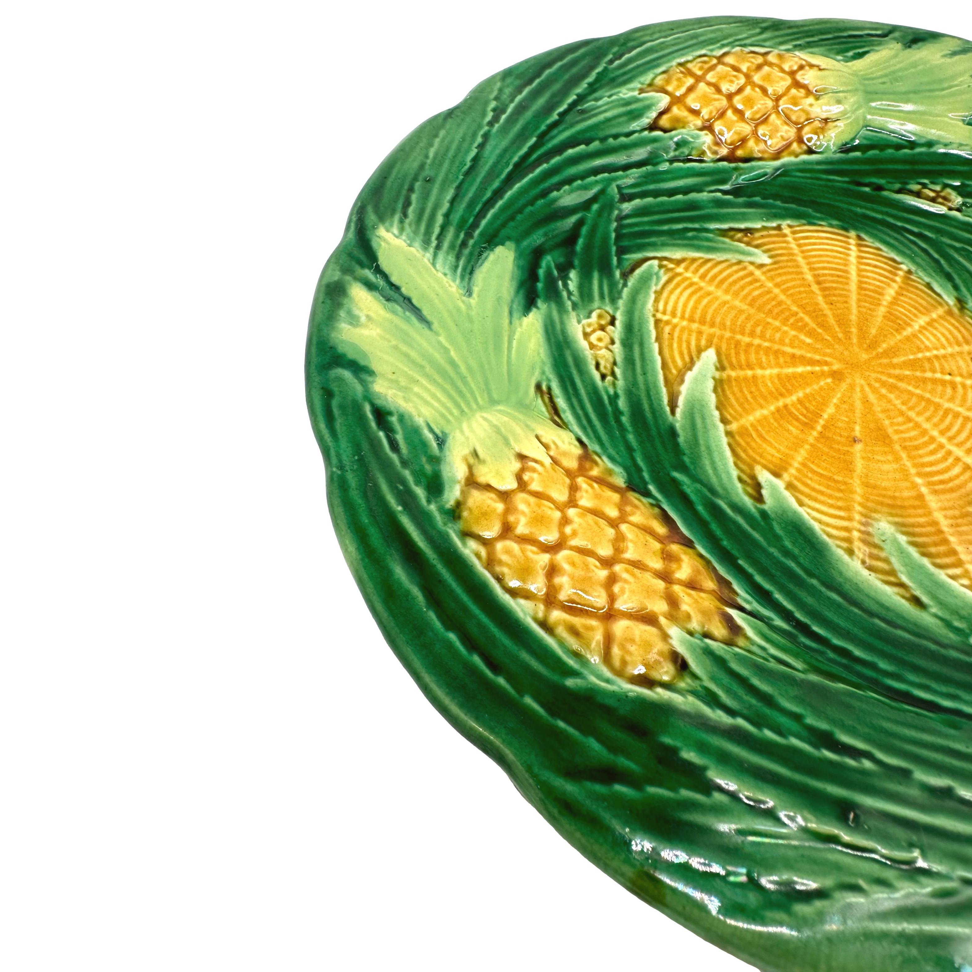 Molded A George Jones Majolica Pineapples on Basketweave Plate, English, ca. 1870 For Sale