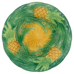 A George Jones Majolica Pineapples on Basketweave Plate, English, ca. 1870