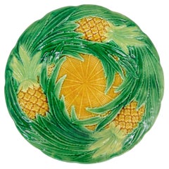 Antique A George Jones Majolica Pineapples on Basketweave Plate, English, ca. 1870