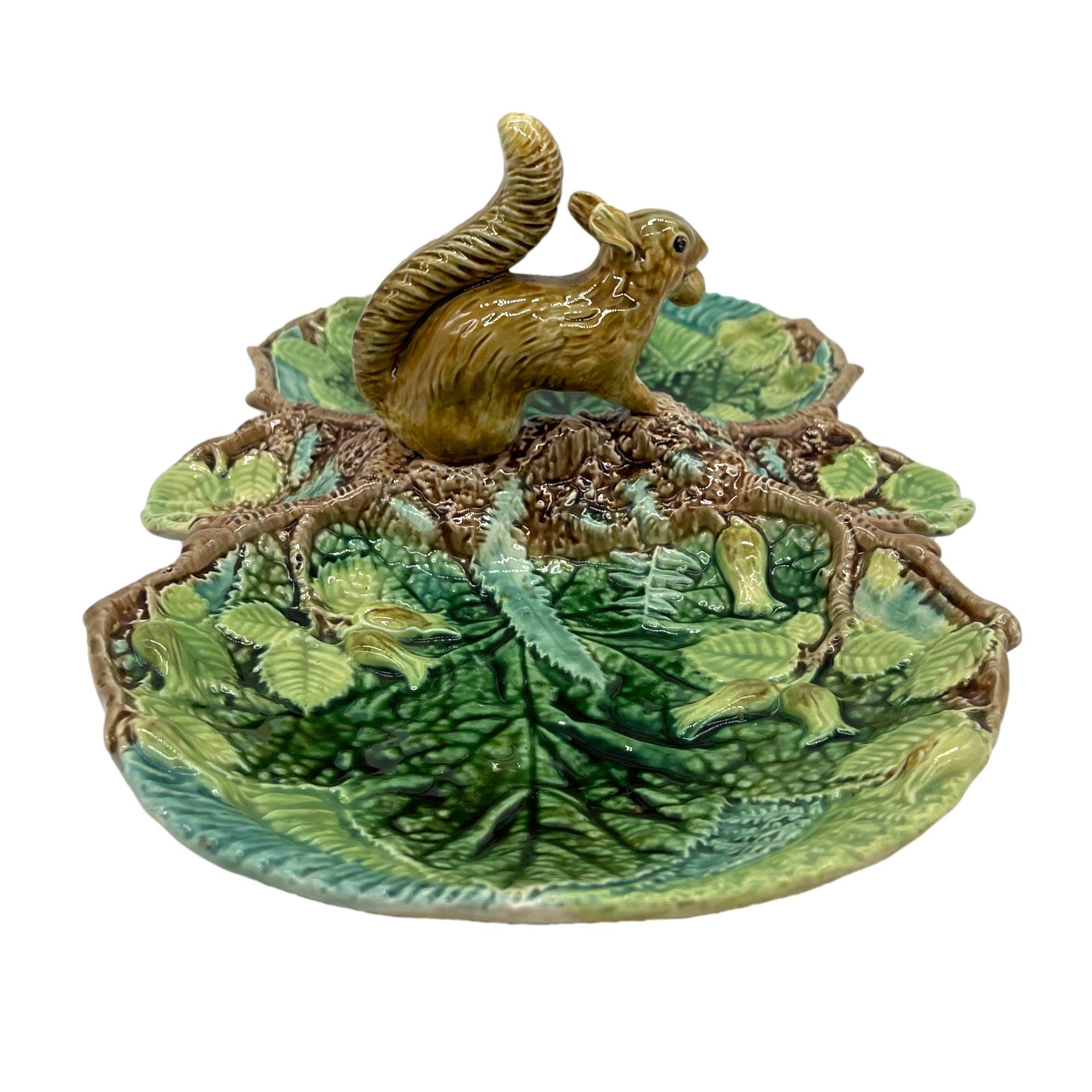 George Jones Majolica Rustic Server, Squirrel with Nut, English, ca. 1873 In Good Condition In Banner Elk, NC
