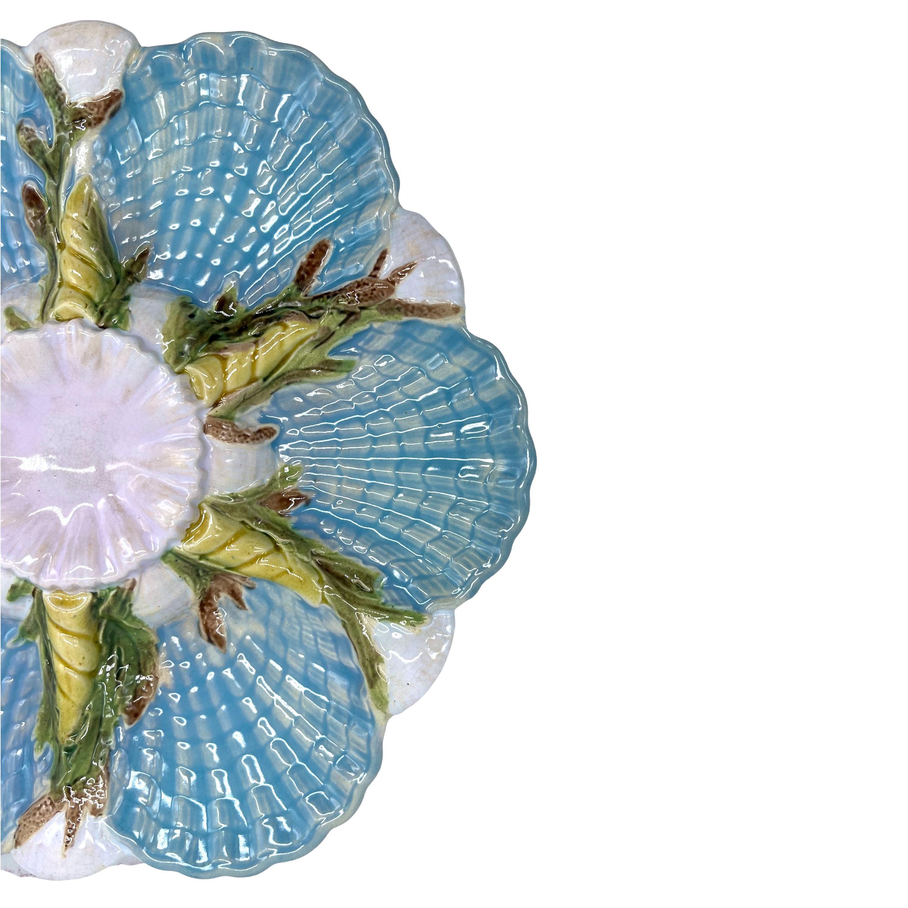 Victorian George Jones Majolica Scalloped Oyster Plate on Turquoise, English, ca. 1875