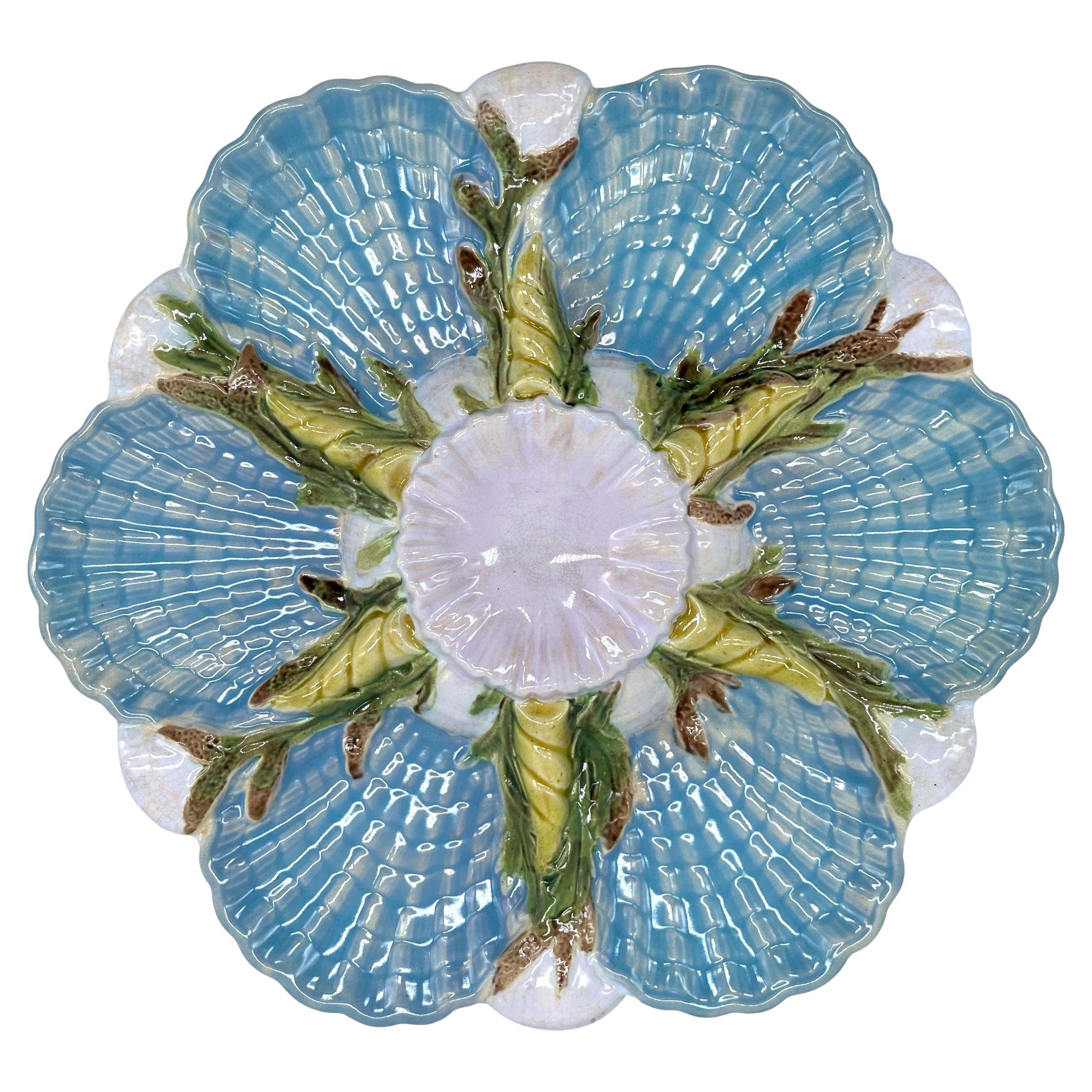 George Jones Majolica Scalloped Oyster Plate on Turquoise, English, ca. 1875