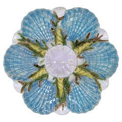 Antique George Jones Majolica Scalloped Oyster Plate on Turquoise, English, ca. 1875