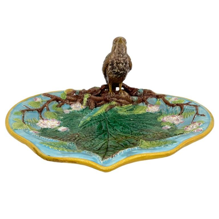 Victorian A George Jones Majolica Server with Mounted Thrush, English, ca. 1872 For Sale