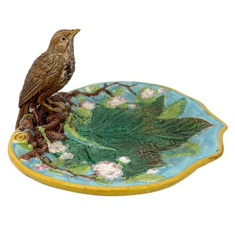 Molded A George Jones Majolica Server with Mounted Thrush, English, ca. 1872 For Sale
