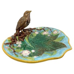 Antique A George Jones Majolica Server with Mounted Thrush, English, ca. 1872