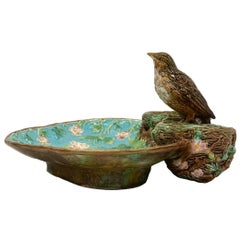 George Jones Majolica Strawberry Server Mounted by a Bird, English, circa 1870