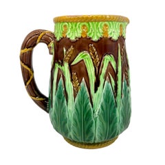George Jones Majolica Wheat Pitcher with Green Acanthus Leaves, Ca. 1875