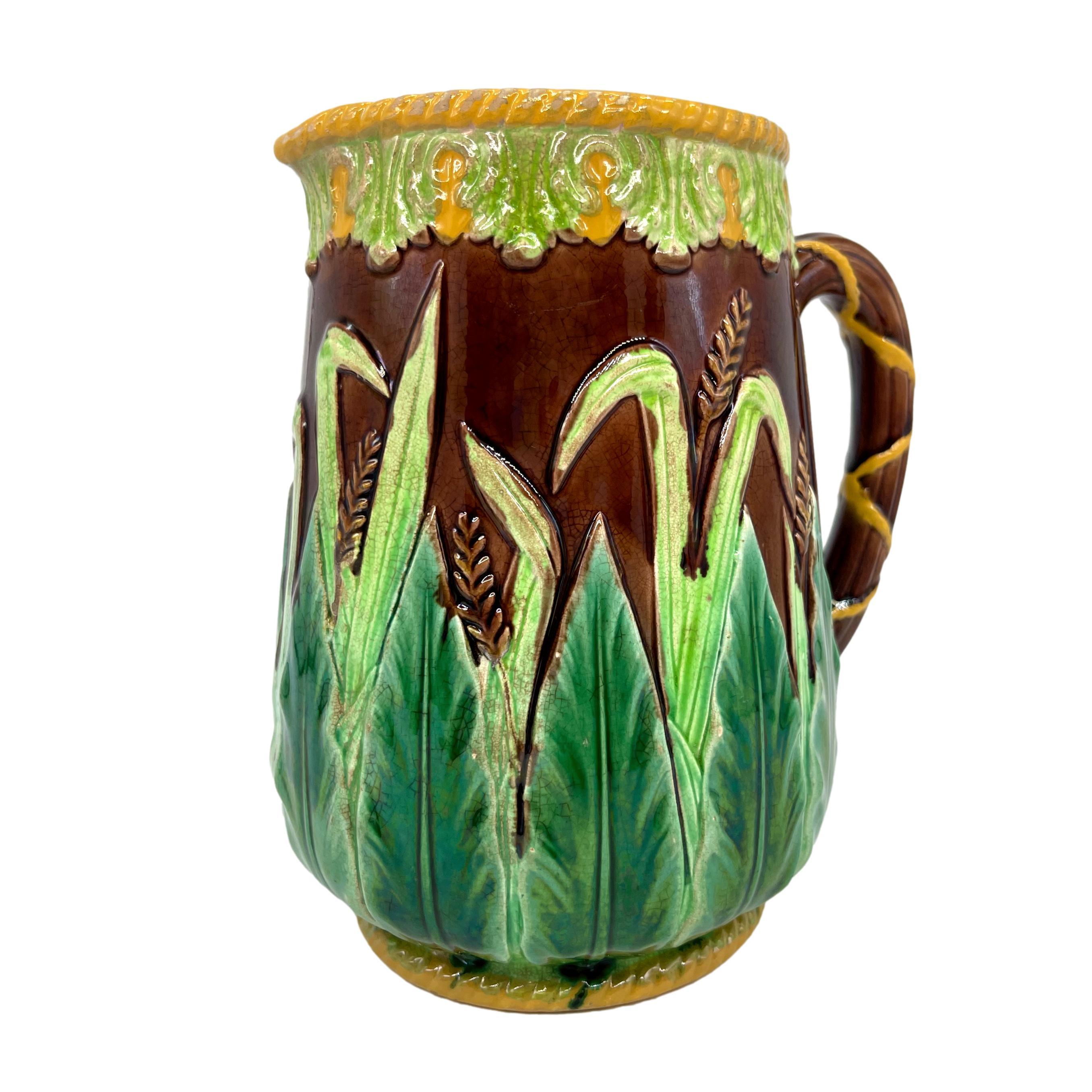 Victorian George Jones Majolica Wheat Pitcher with Green Acanthus Leaves, Ca. 1875 For Sale