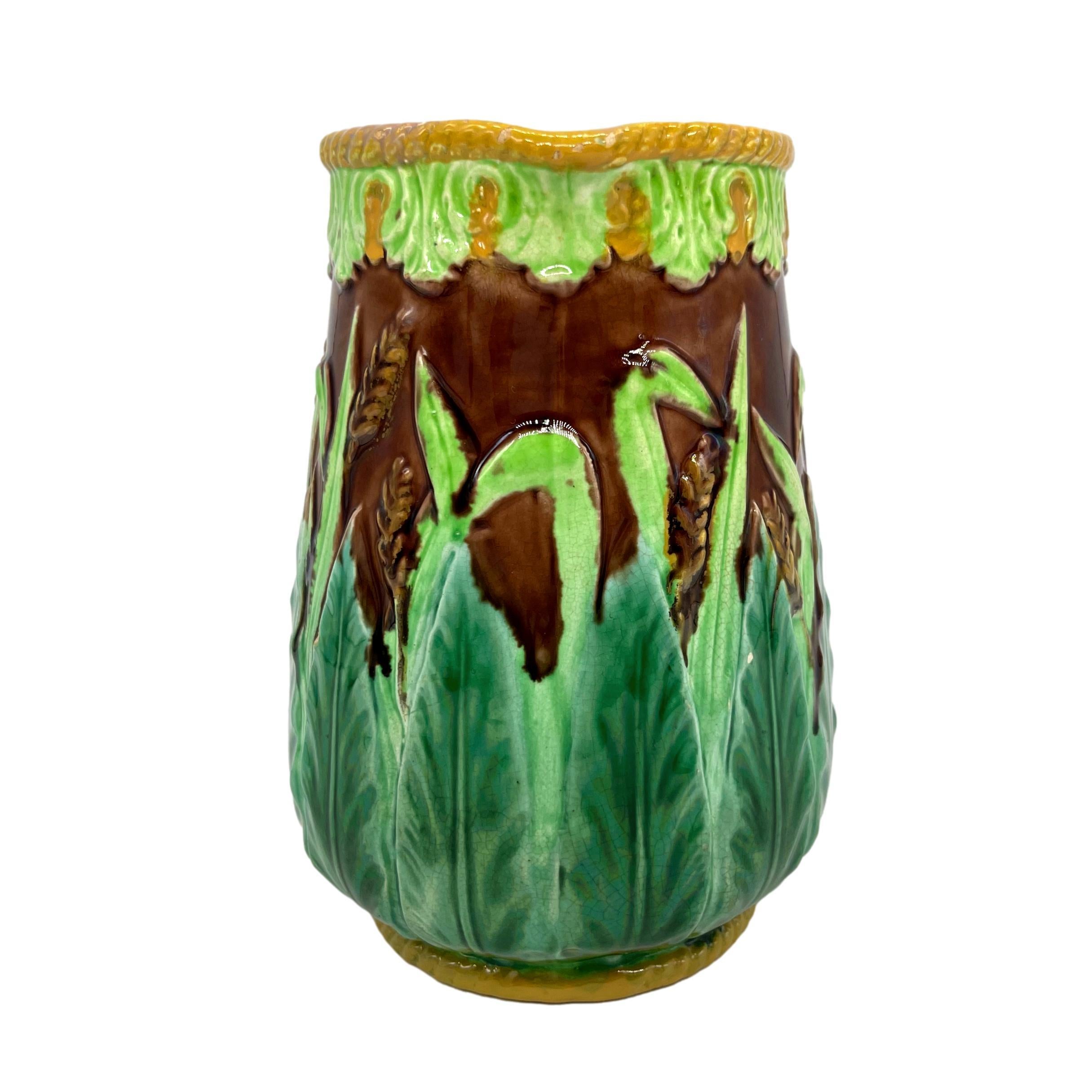 Victorian George Jones Majolica Wheat Pitcher with Green Acanthus Leaves, Ca. 1875 For Sale