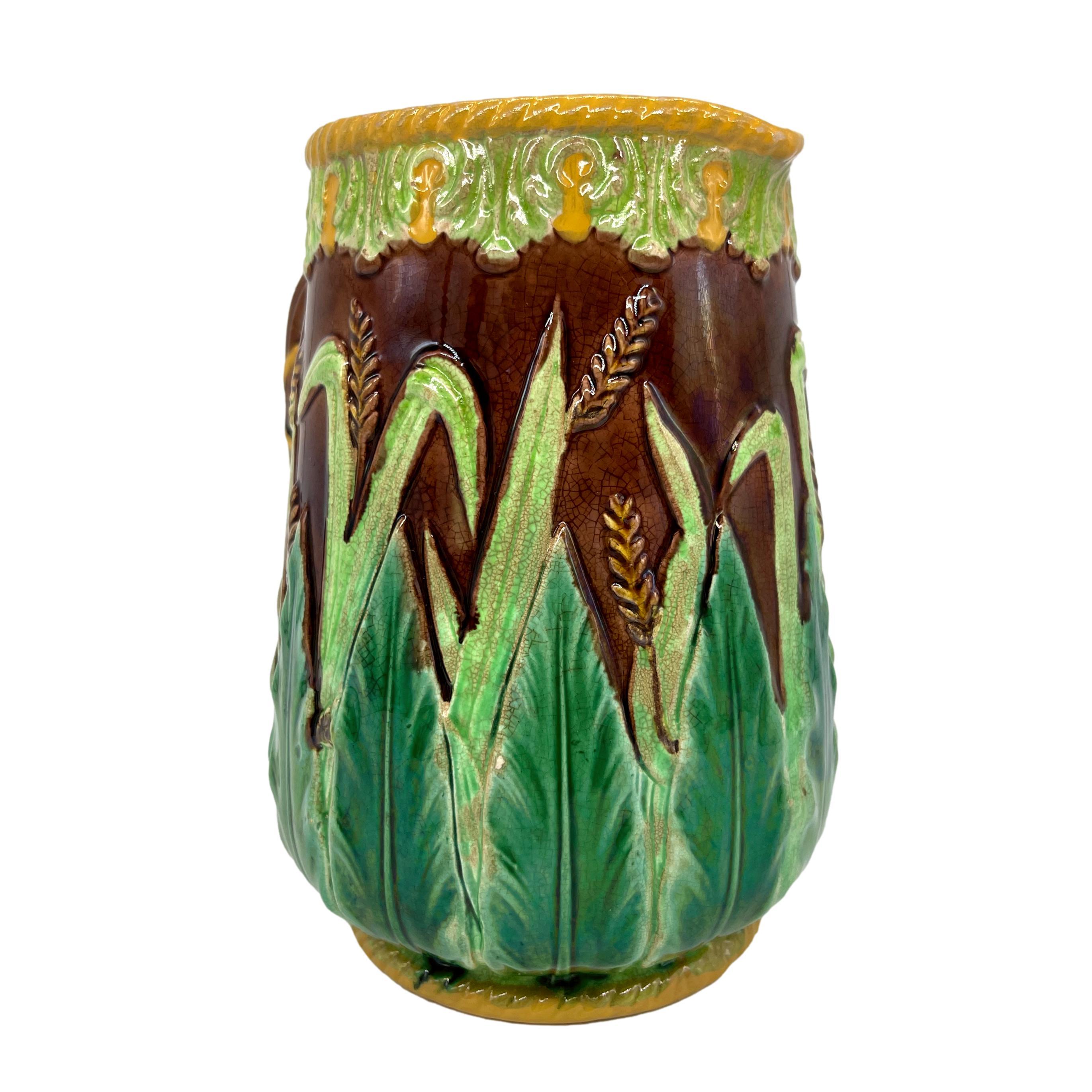 Molded George Jones Majolica Wheat Pitcher with Green Acanthus Leaves, Ca. 1875 For Sale
