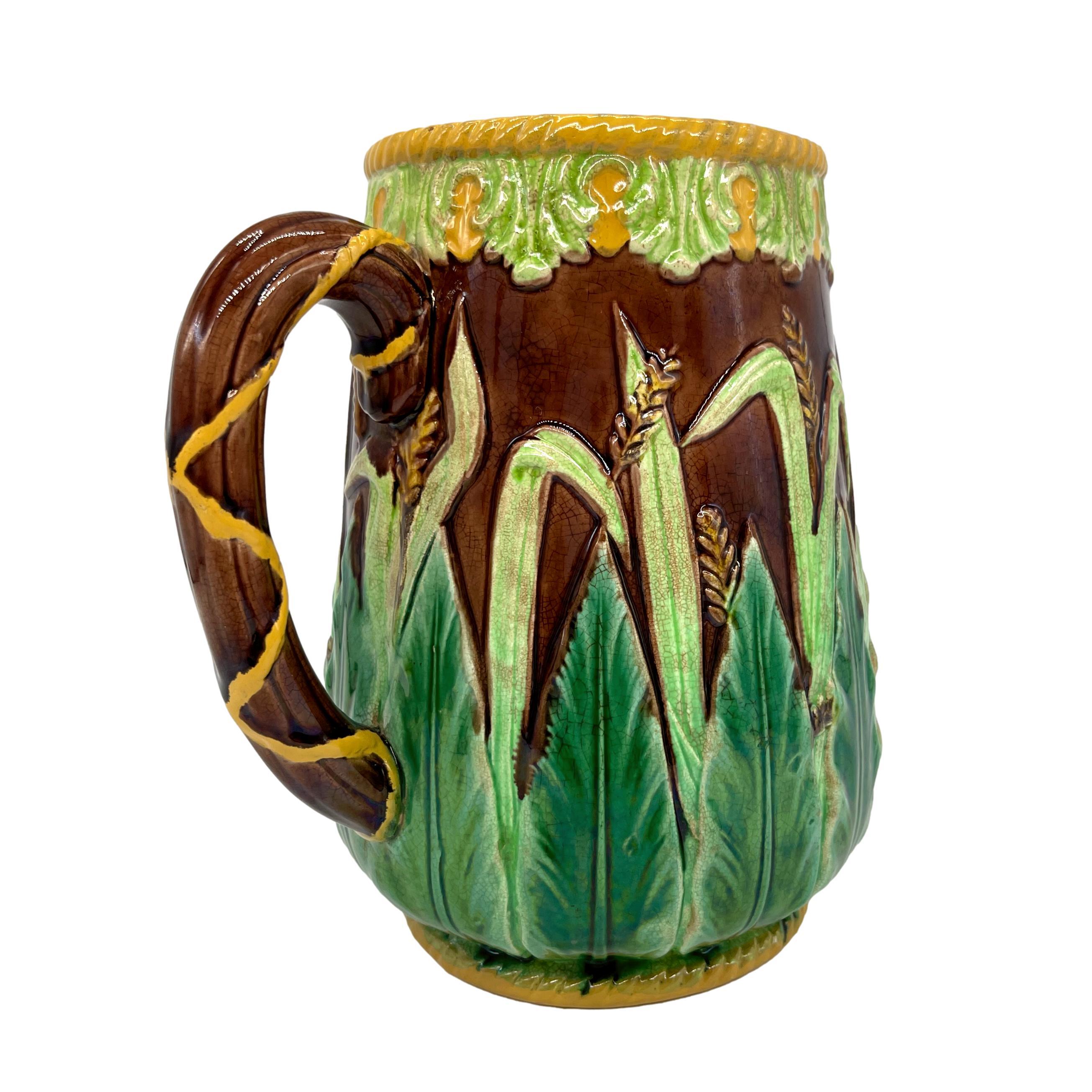 19th Century George Jones Majolica Wheat Pitcher with Green Acanthus Leaves, Ca. 1875 For Sale