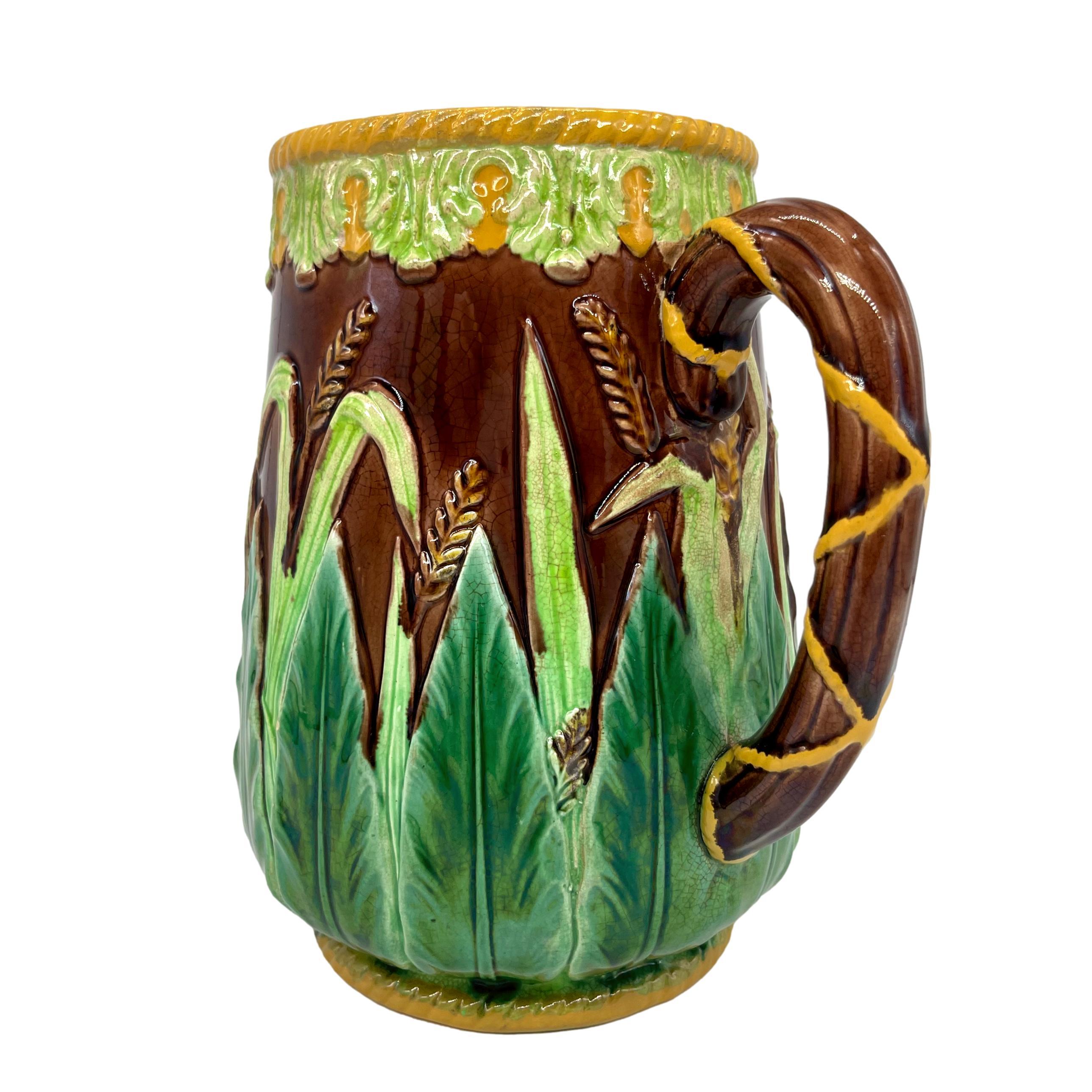 George Jones Majolica Wheat Pitcher with Green Acanthus Leaves, Ca. 1875 For Sale 2