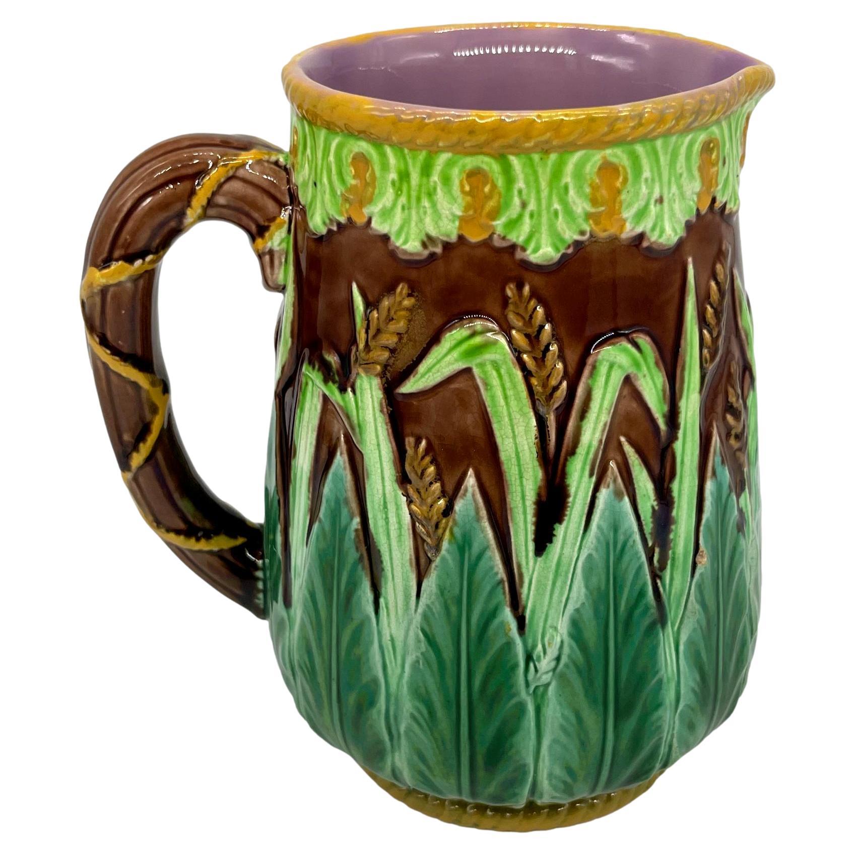George Jones Majolica Wheat Pitcher with Green Acanthus Leaves, Ca. 1875 For Sale