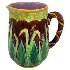 George Jones Majolica Wheat Pitcher with Green Acanthus Leaves, Ca. 1875
