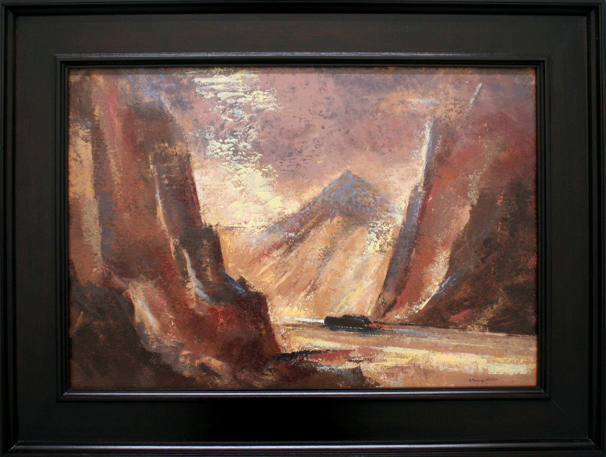 Mid-Century Painting of a Car Driving Through a Mountain Pass by A George Miller - Brown Landscape Painting by A. George Miller