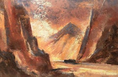 Mid-Century Painting of a Car Driving Through a Mountain Pass by A George Miller