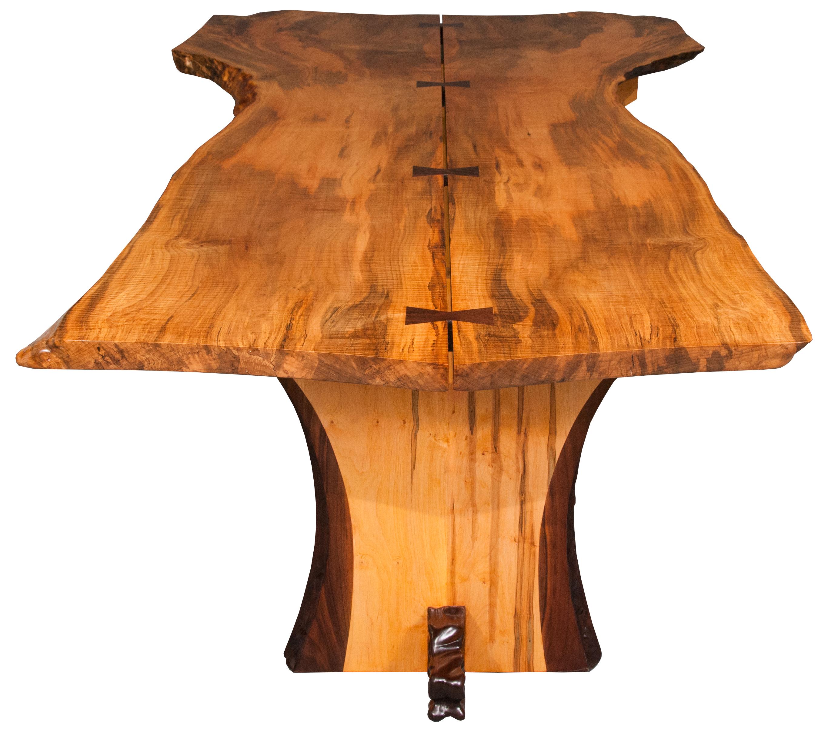 Modern George Nakashima Inspired Figured Maple and Walnut Hand Carved Dining Table For Sale