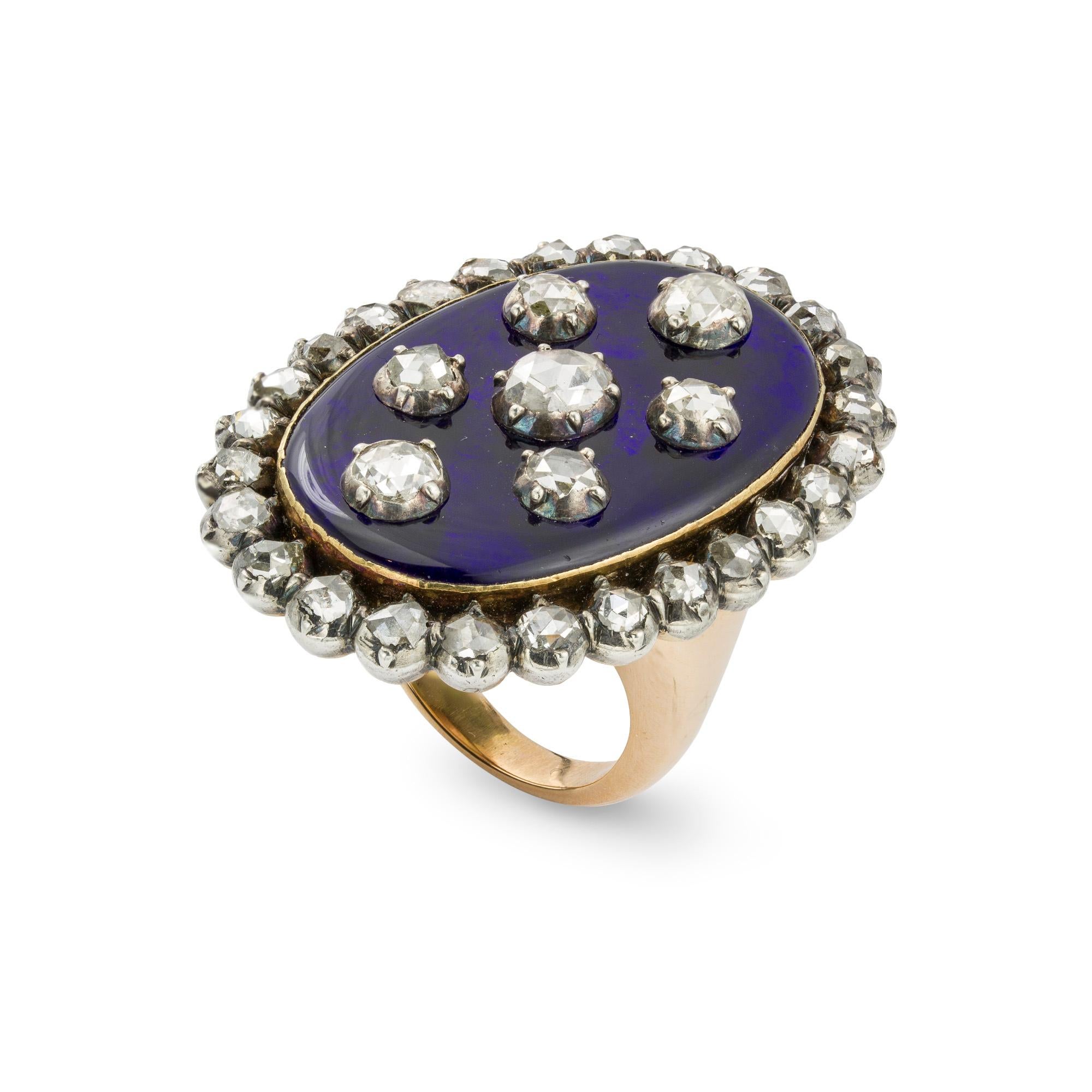 Georgianischer Ring aus blauer Emaille und Diamanten im Zustand „Gut“ im Angebot in London, GB