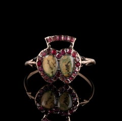 A Georgian/Early 19th Century Gold Double Heart Ring — Denditri Agate and Rubies