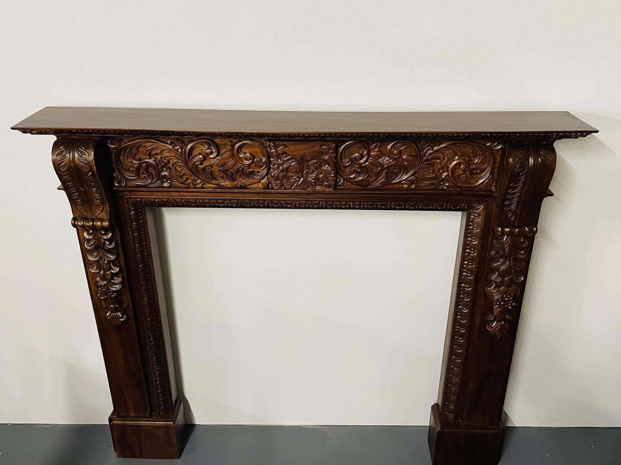 American Georgian Fire Mantle, Fire Surround, Solid Mahogany Carved, Cabinet Maker