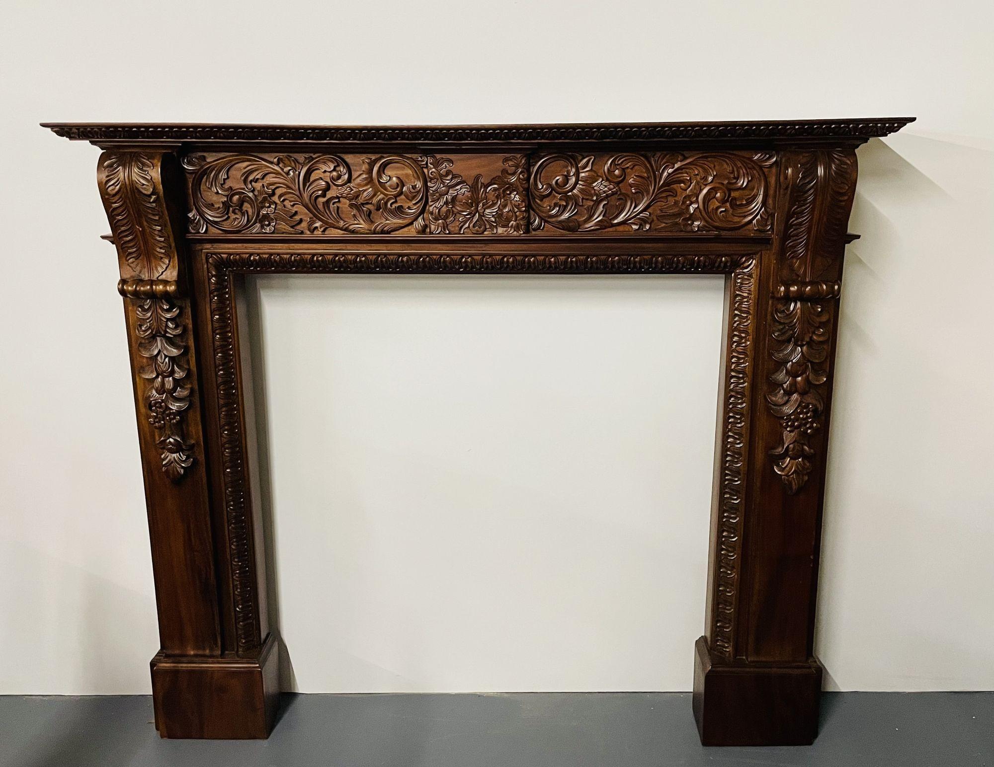 20th Century Georgian Fire Mantle, Fire Surround, Solid Mahogany Carved, Cabinet Maker