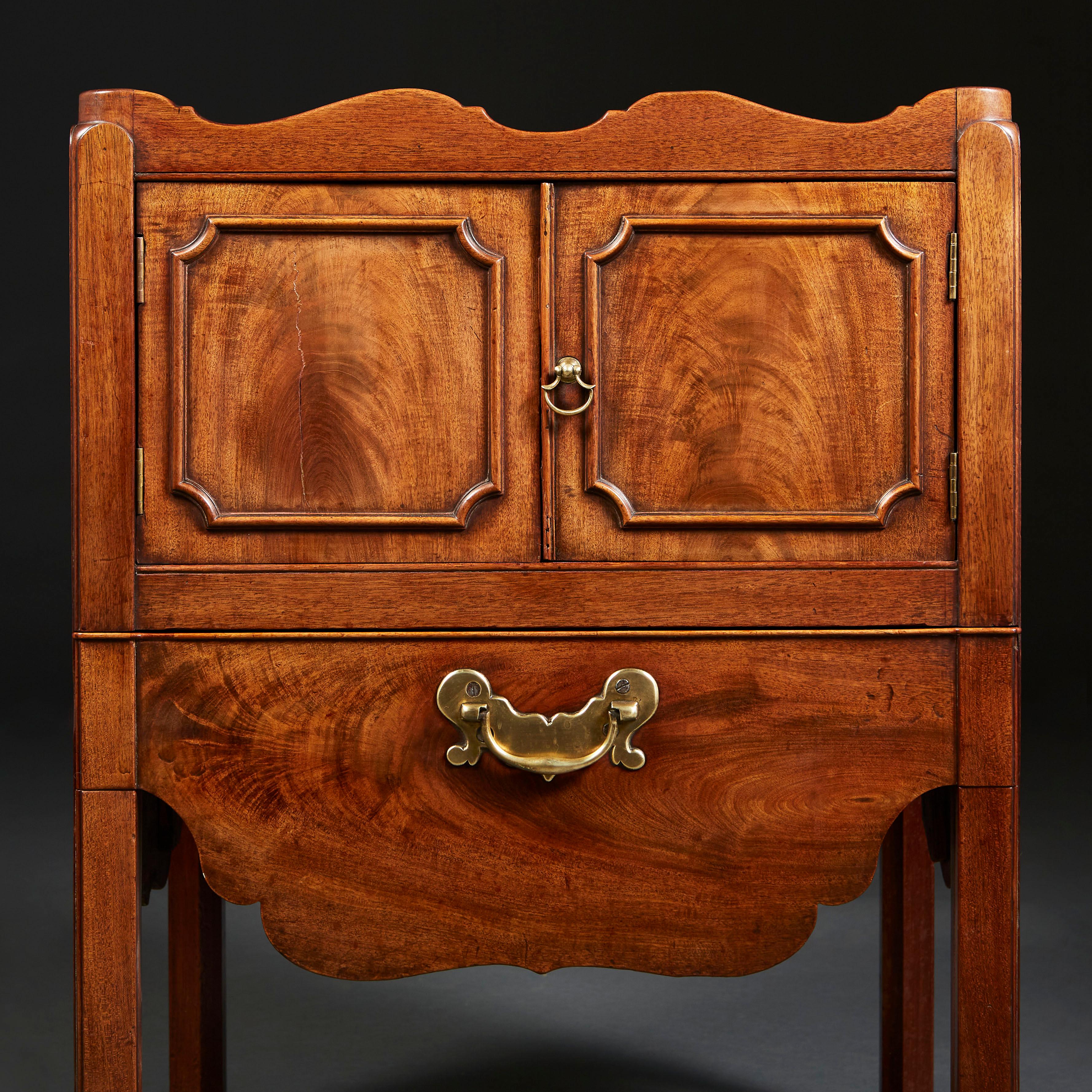 George III Georgian Flame Mahogany Wood Bedside Cabinet with Brass Handles