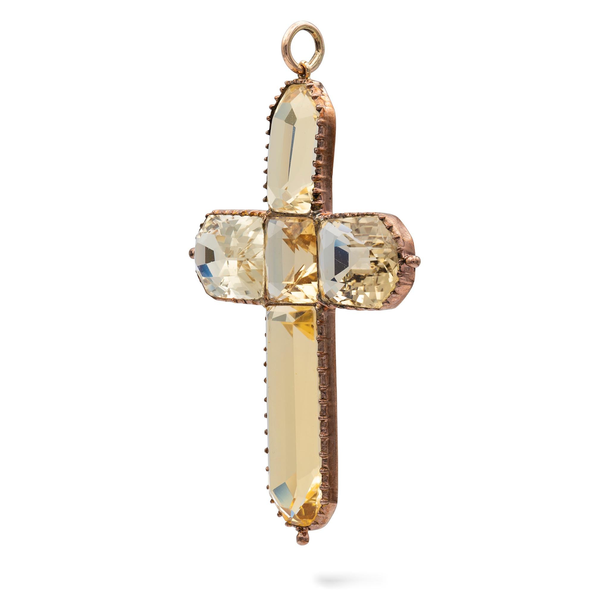 A Georgian large citrine cross pendant, set with five mixed-cut faceted citrines, the cross measuring approximately 65 x 52mm, cutdown collet-set to a rose gold mount with pendant loop, circa 1800 gross weight 16.6 grams, 

This antique pendant is