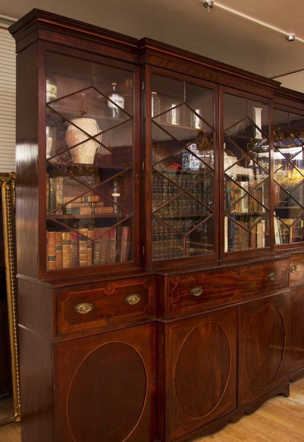 British Georgian Mahogany Breakfront Secretaire Bookcase, circa 1780