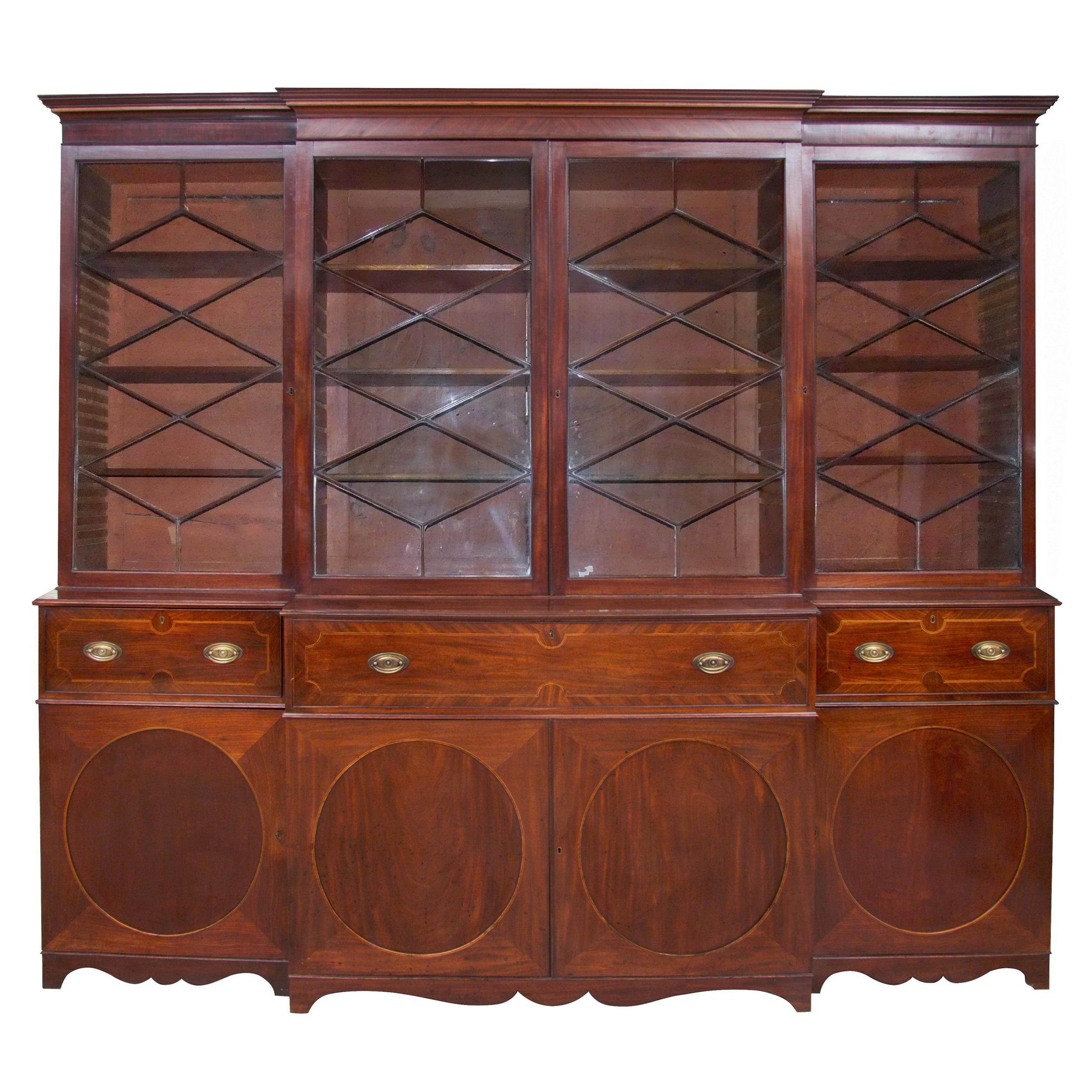 Georgian Mahogany Breakfront Secretaire Bookcase, circa 1780