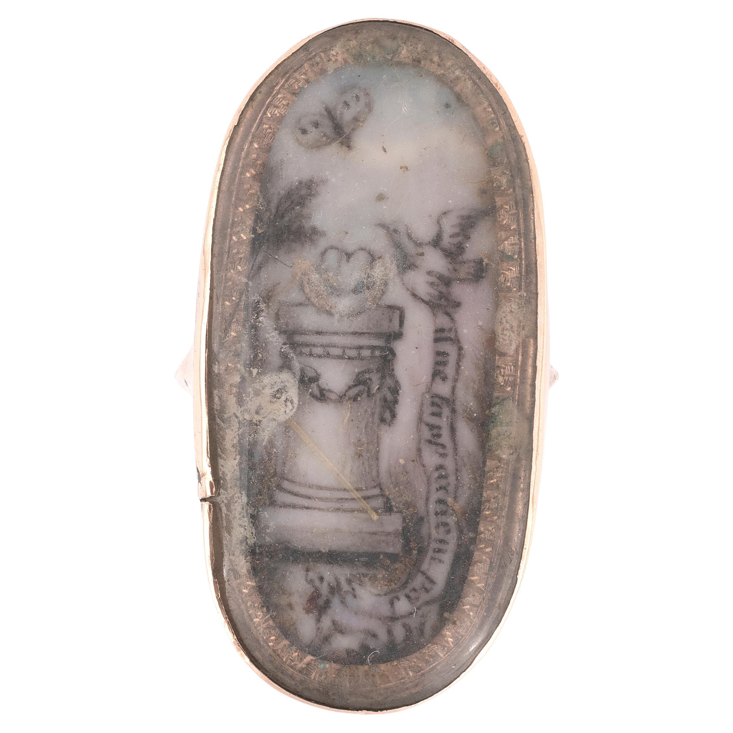 Women's or Men's A Georgian Mourning Ring Oval Shaped Panel Painted En Grisaille 1790's For Sale