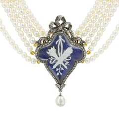 Georgian Natural Pearl Necklace with Blue Enamel Centre
