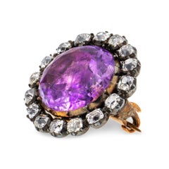 Georgian Oval Amethyst and Diamond Cluster Brooch