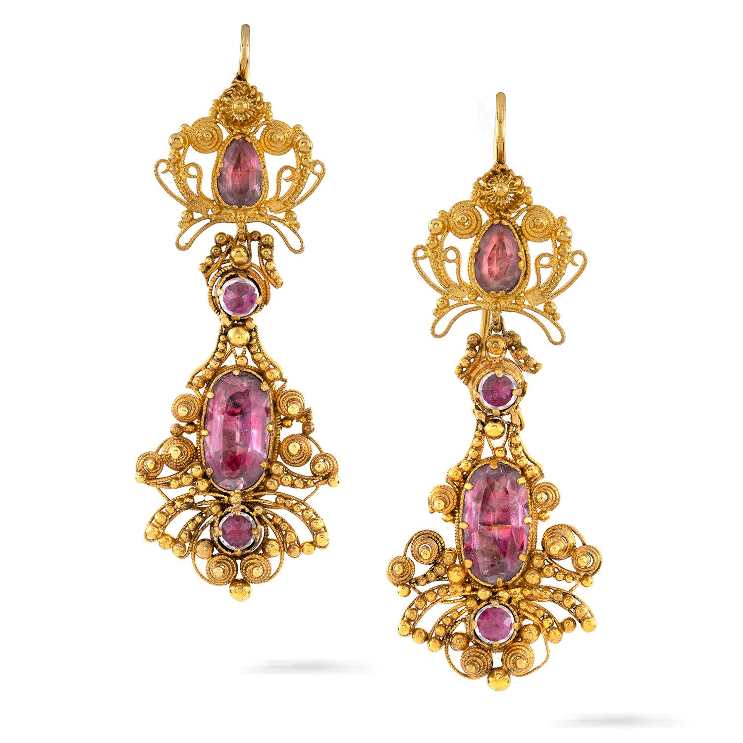 A Georgian pink topaz and gold cannetille suite, the necklace consisting of five graduating from the centre oval-cut pink topaz-set gold links, from the central suspended three pear-shaped topaz-set drops, the links joined together by six oval-cut