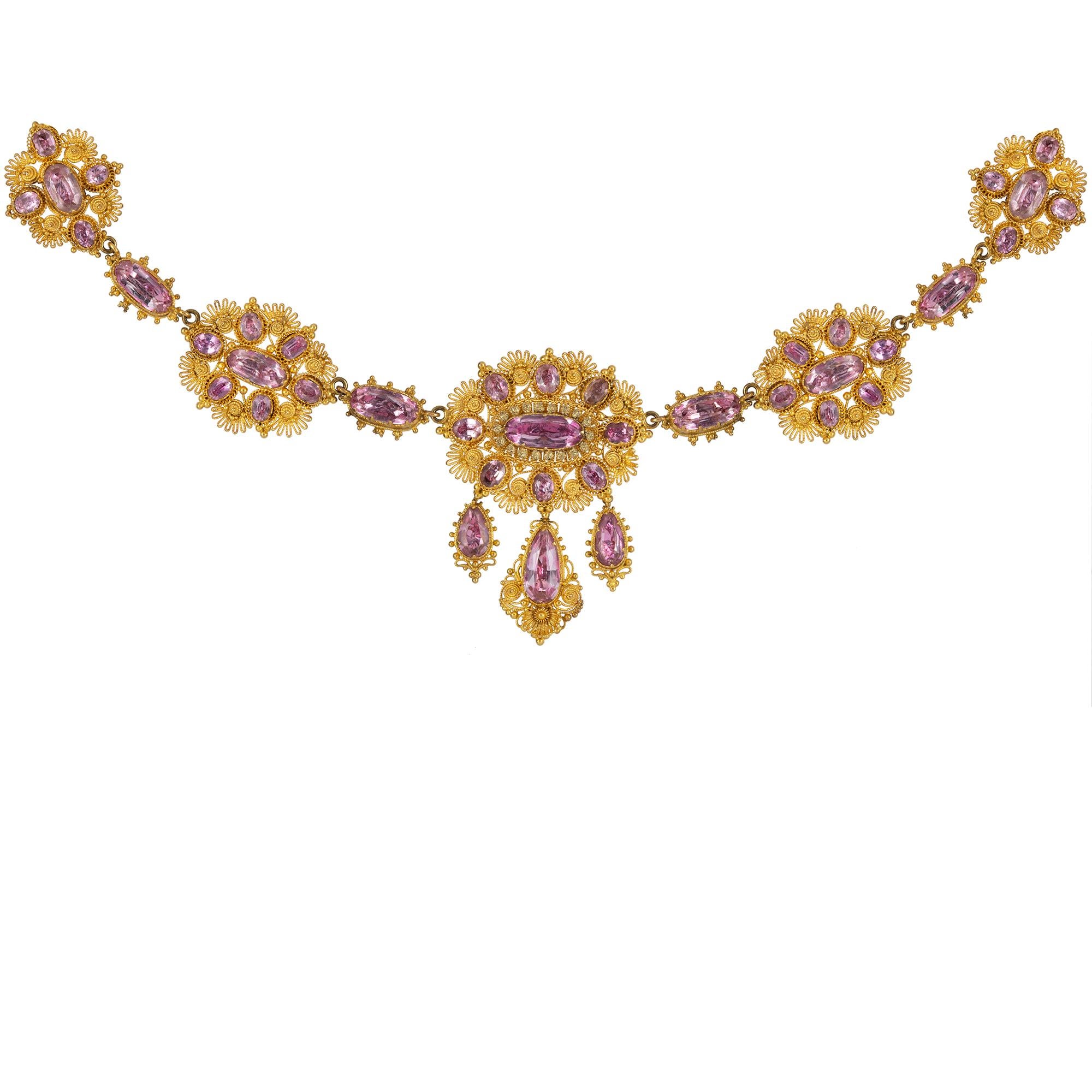 Brilliant Cut Georgian Pink Topaz and Gold Cannetille Suite For Sale