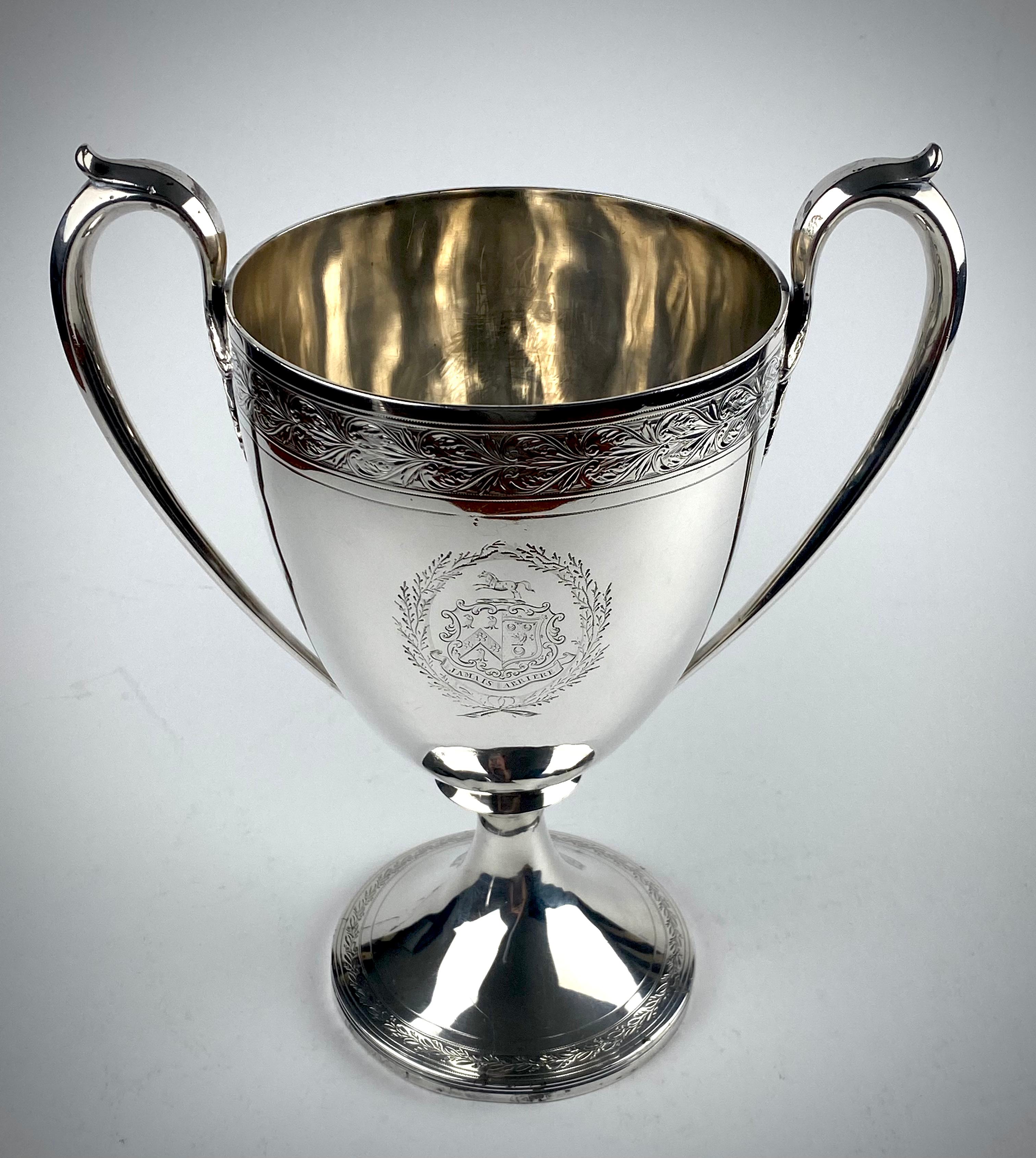 A magnificent  large Georgian solid silver sterling Trophy Cup

Two handled on a circular base 

Bright cut decoration 
Weight 731 grams 
Height 26.5 cm 
Width 23 cm

Hallmarked for Edinburgh 1801
Silversmiths McHattle & Fenwick

The front has an