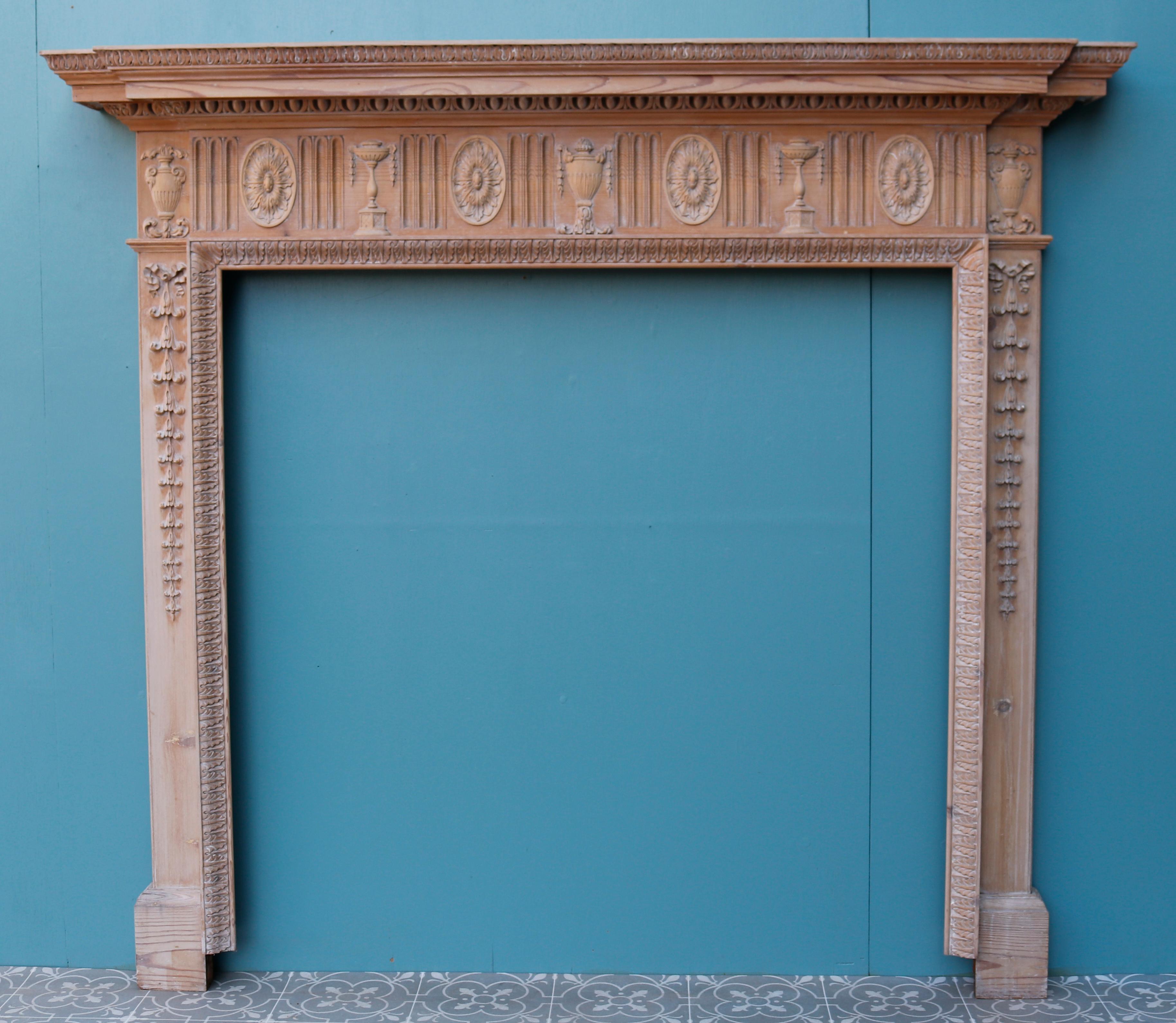 A very attractive Georgian style fire surround constructed from pine. The fireplace has finely carved details across both the jambs and frieze.

Additional Dimensions 

Opening Height 106.5 cm

Opening Width 103.5 cm

Width between outsides