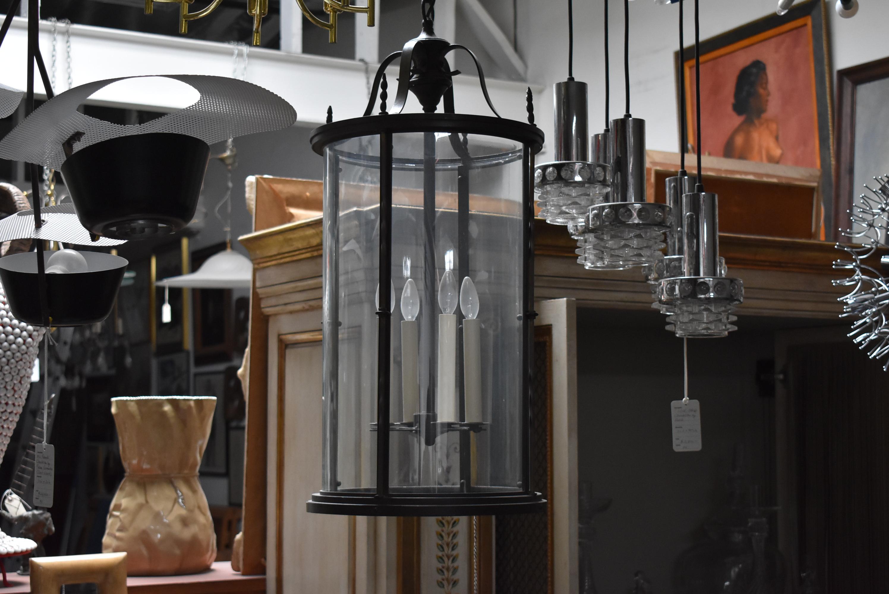 American Georgian Style  Cast Iron Cylinder Hanging Glass Lantern Pendant