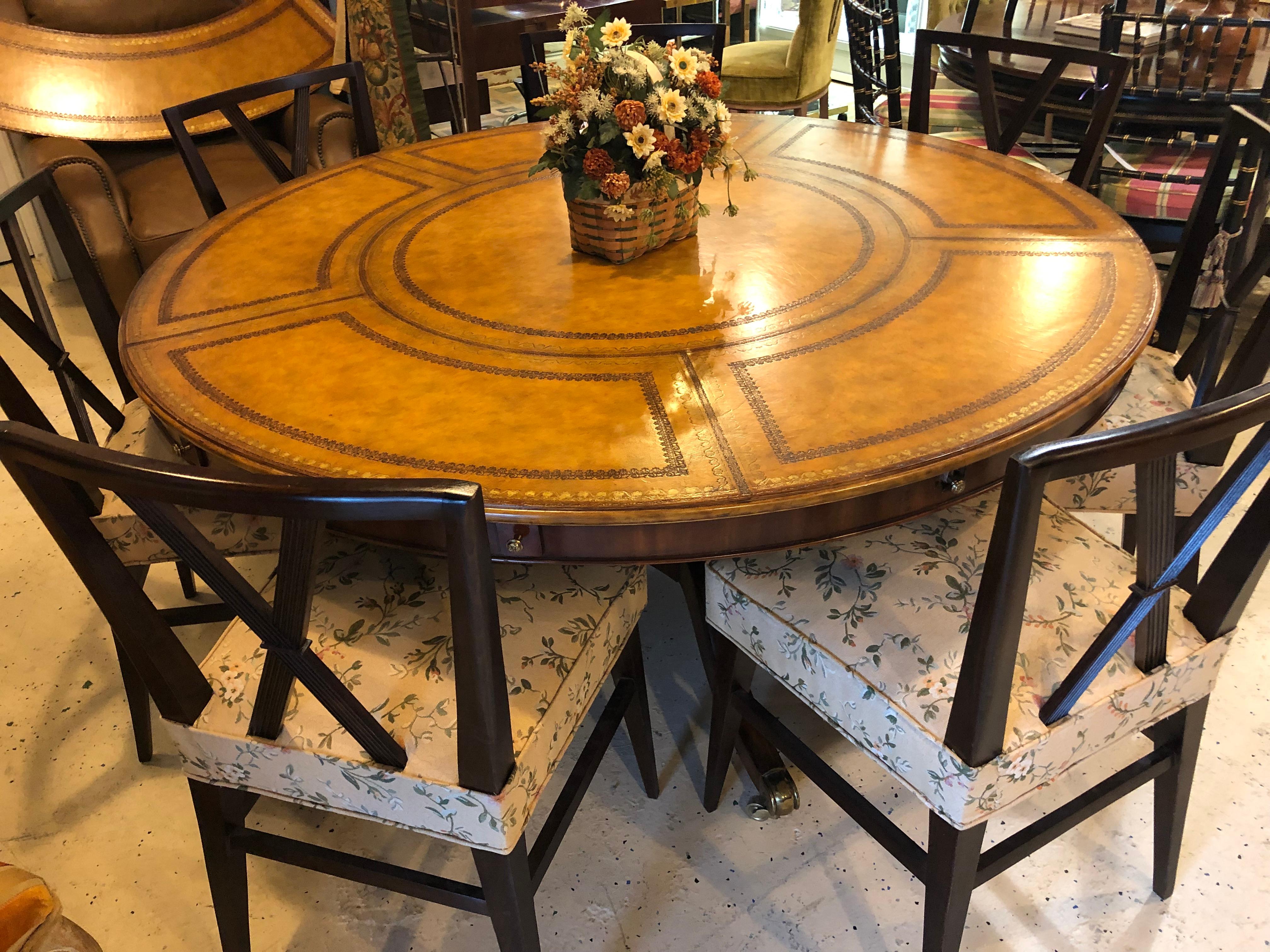 Wood Georgian Style Maitland Smith Circular Tooled Leather Top Dining Centre Table