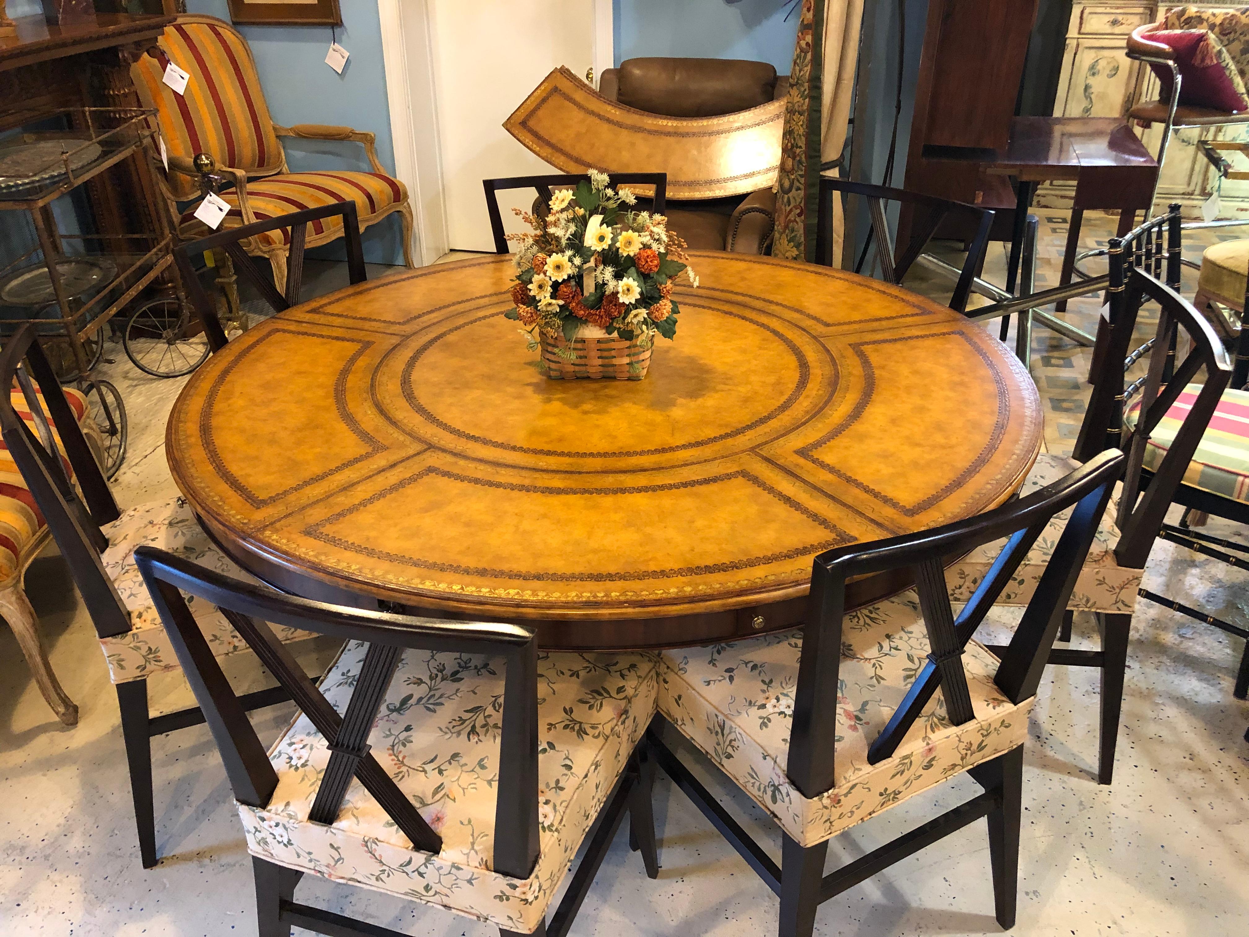 Georgian Style Maitland Smith Circular Tooled Leather Top Dining Centre Table 1
