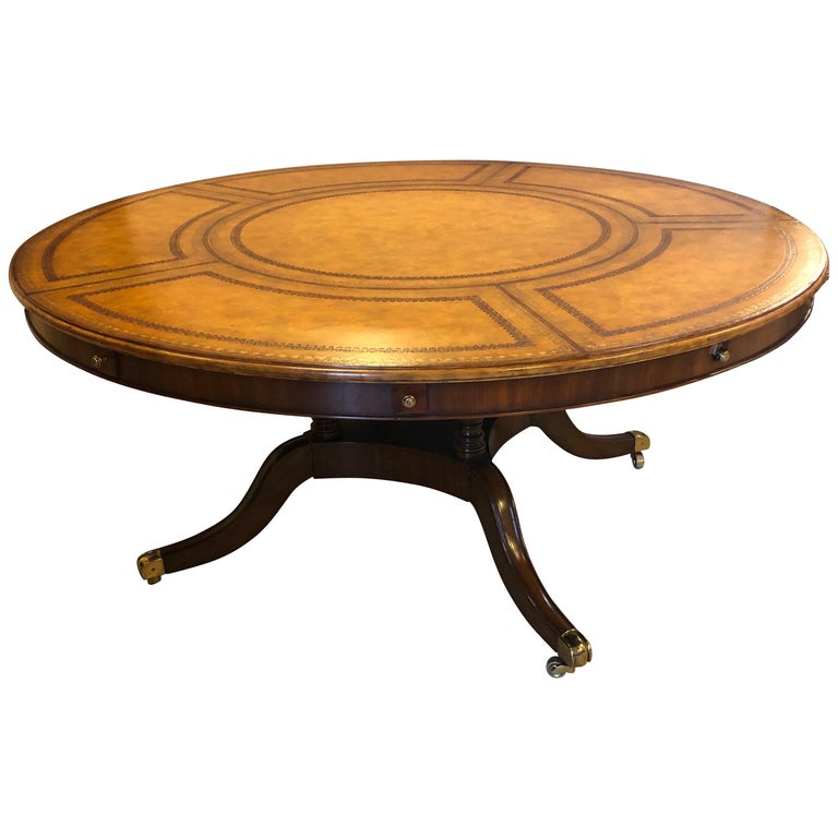 Georgian Style Maitland Smith Circular Tooled Leather Top Dining Centre
