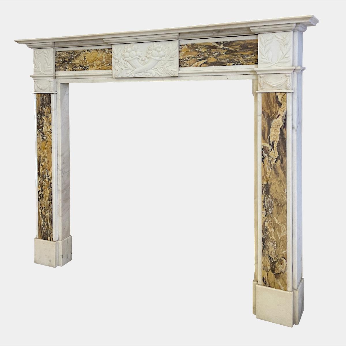 Neoclassical Georgian Style Statuary White and Siena Marble Fireplace Mantel