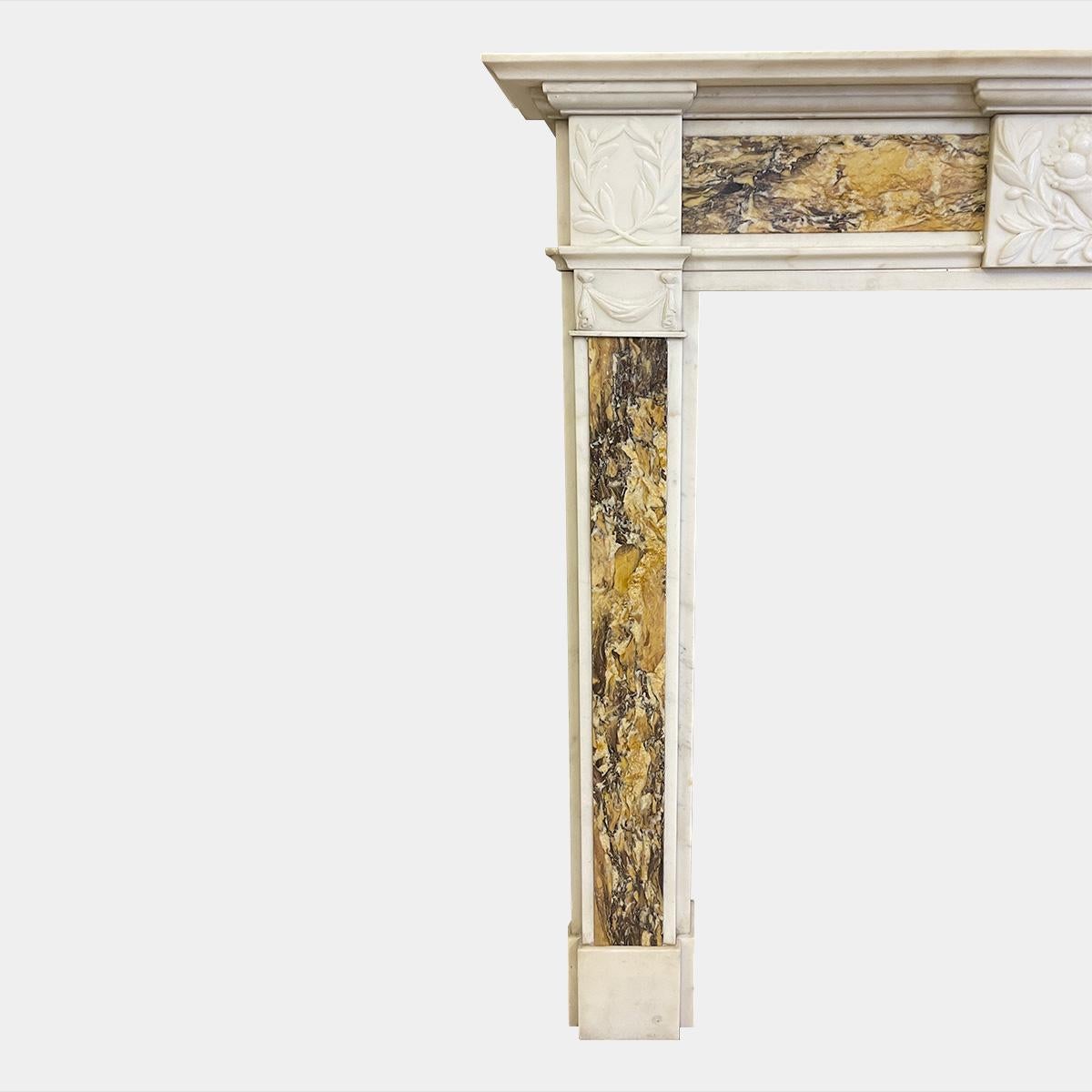 English Georgian Style Statuary White and Siena Marble Fireplace Mantel For Sale