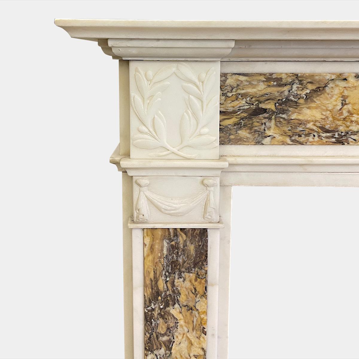 Carved Georgian Style Statuary White and Siena Marble Fireplace Mantel