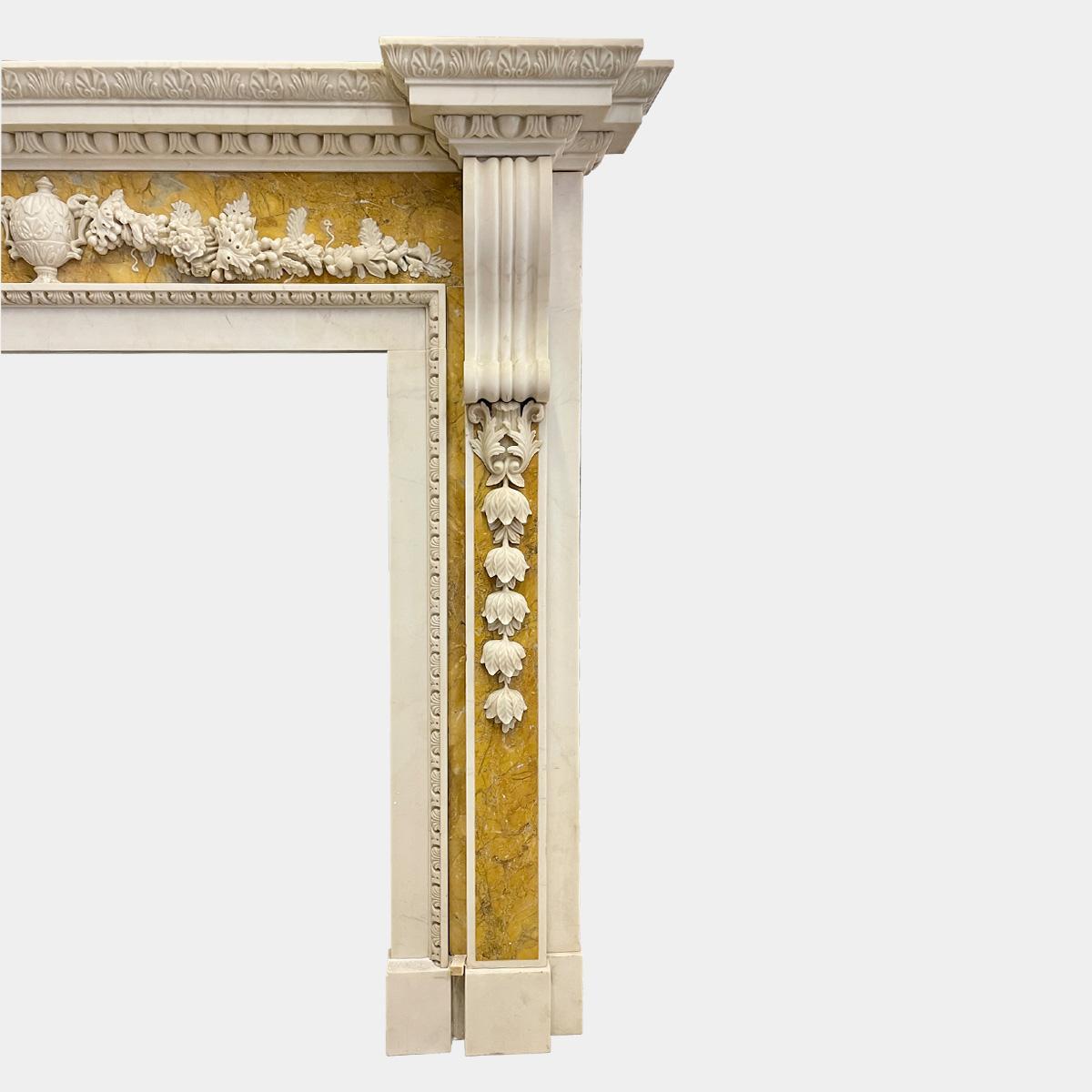 European A Georgian Style White and Siena Marble Fireplace Mantel For Sale