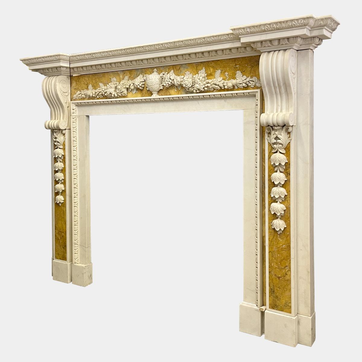 Carved A Georgian Style White and Siena Marble Fireplace Mantel For Sale