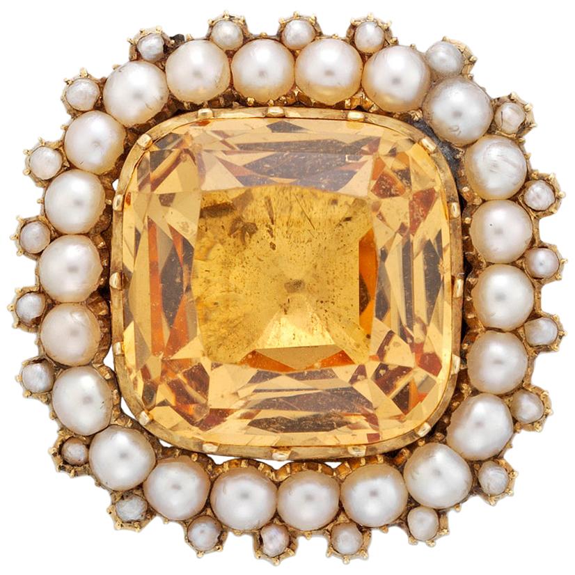 Georgian Topaz and Pearl Cluster Brooch For Sale